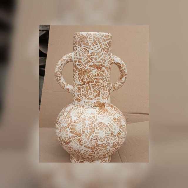 Tall handled ceramic vase with white crackle finish